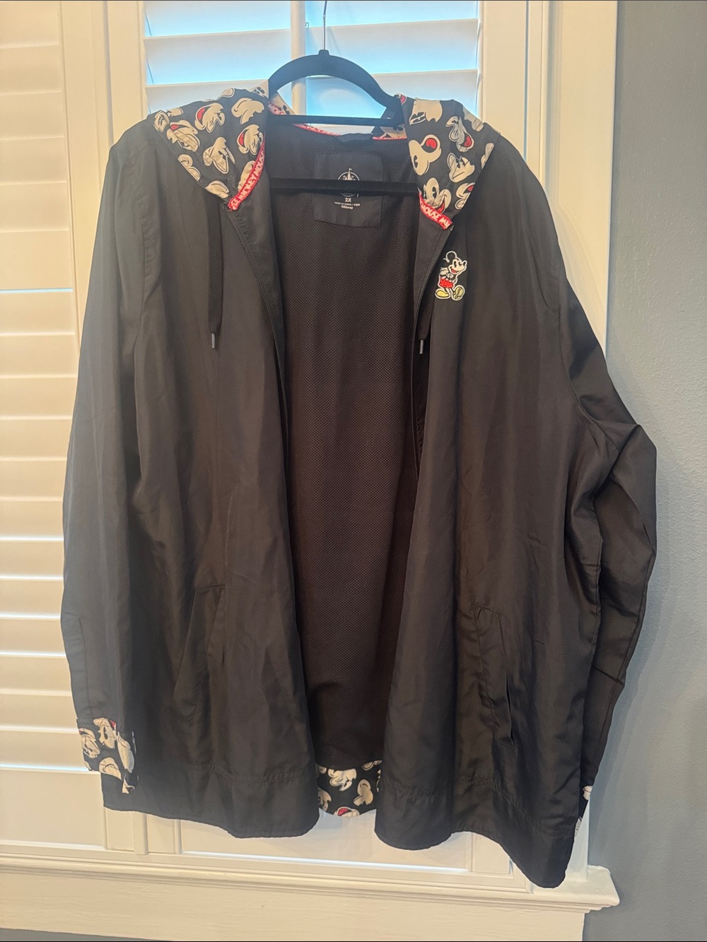 Disney Black Hooded Windbreaker with Mickey Print Trim